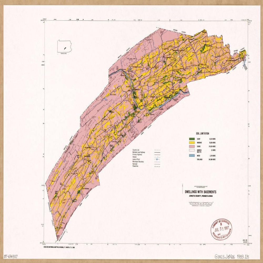 16" x 24" 1986 Map Of Juniata County Pennsylvania Dwellings With Basements
