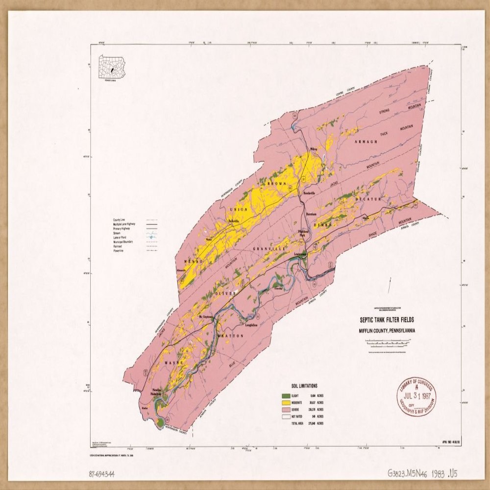 16" x 24" 1986 Map Of Mifflin County Pennsylvania Septic Tank Filter Fields