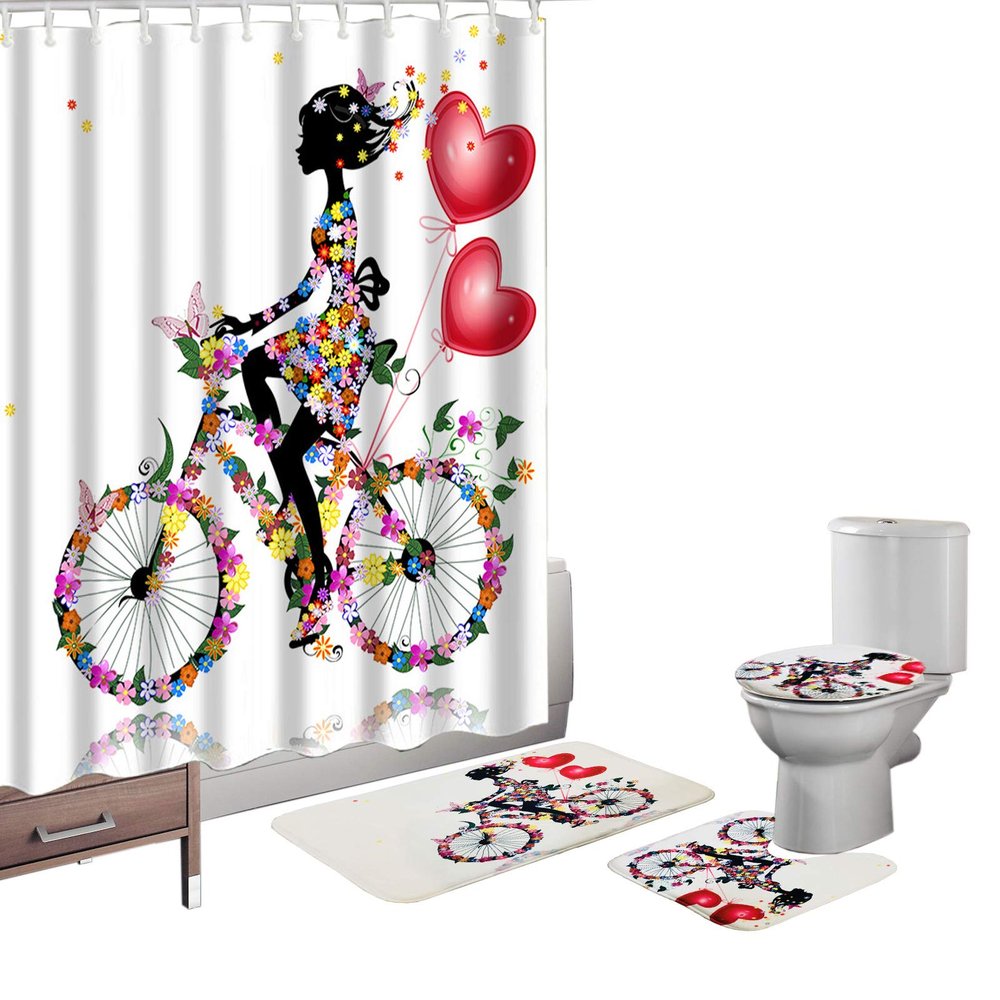 Amagical Girls Decor a Girl on The Bicycle with Flowers and Butterflies Pattern 16 Piece Bathroom Mat Set Shower Curtain Set Bath Mat Contour Mat Toilet Cover Fabric Shower Curtian with 12 Hooks