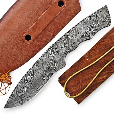 ColdLand 9.00" Hand Forged Damascus Steel Knife Blank Blade Knife Kit for Making Supplies with Wood Handle Scales, and Unstitched Leather Sheath UK26