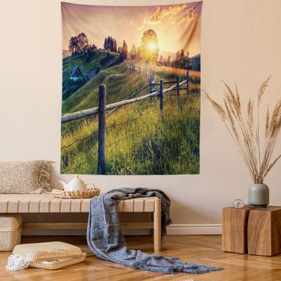 Ambesonne Europe Tapestry Queen Size, Morning Sunbeams over Countryside Farmhouse Colorful Sky Carpathian Ukraine, Wall Hanging Bedspread Bed Cover Wall Decor, 88" X 88", Green Salmon