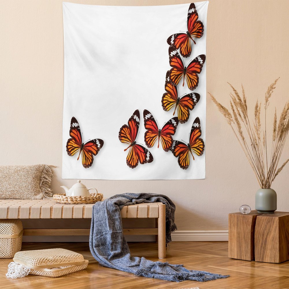 Ambesonne Butterflies Tapestry Twin Size, Monarch Butterfly Flying Frame Insect Exotic Weather, Wall Hanging Bedspread Bed Cover Wall Decor, 68" X 88", Dark Brown