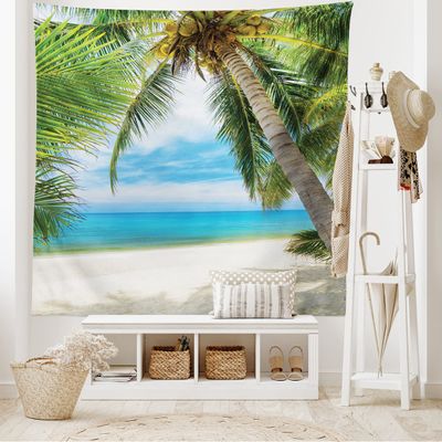 Ambesonne Ocean Tapestry King Size, Shadow Shade of a Coconut Palm Tree on White Sandy Seashore Image, Wall Hanging Bedspread Bed Cover Wall Decor, 104" X 88", Pale Green Pale Blue