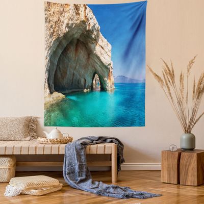 Ambesonne Greece Tapestry Queen Size, Sea Cave on Zakynthos Island Greece Vacation Relaxing Seascape Coastline Picture, Wall Hanging Bedspread Bed Cover Wall Decor, 88" X 88", Tan Pale Blue