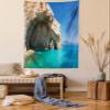 Ambesonne Greece Tapestry Queen Size, Sea Cave on Zakynthos Island Greece Vacation Relaxing Seascape Coastline Picture, Wall Hanging Bedspread Bed Cover Wall Decor, 88" X 88", Tan Pale Blue view 1