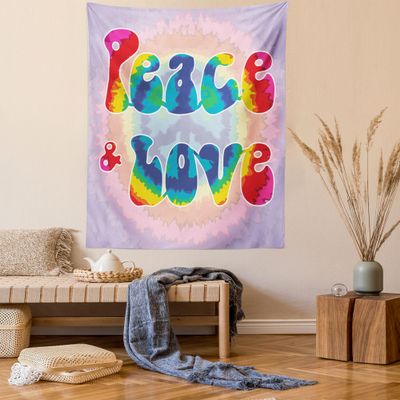 Ambesonne Groovy Tapestry Twin Size, Peace and Love Text in Tie Dye Effect Pattern Energetic Youthful Fun 60s 70s Hippie, Wall Hanging Bedspread Bed Cover Wall Decor, 68" X 88", Mauve Rainbow