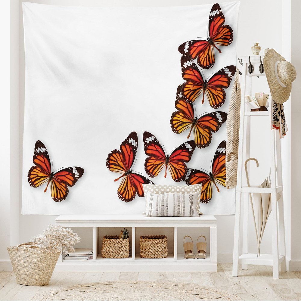 Ambesonne Butterflies Tapestry King Size, Monarch Butterfly Flying Frame Insect Exotic Weather, Wall Hanging Bedspread Bed Cover Wall Decor, 104" X 88", Dark Brown