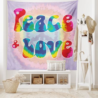 Ambesonne Groovy Tapestry King Size, Peace and Love Text in Tie Dye Effect Pattern Energetic Youthful Fun 60s 70s Hippie, Wall Hanging Bedspread Bed Cover Wall Decor, 104" X 88", Mauve Rainbow
