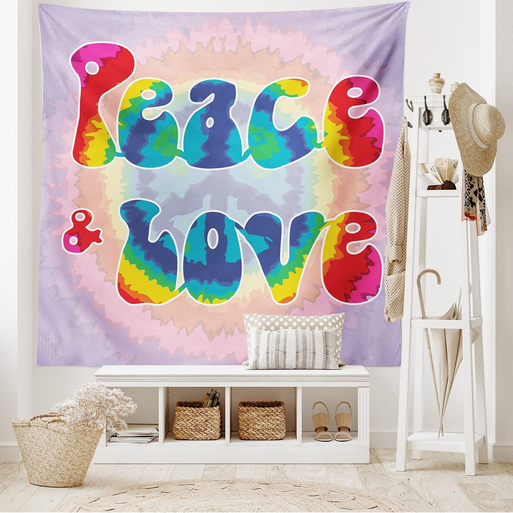 Ambesonne Groovy Tapestry King Size, Peace and Love Text in Tie Dye Effect Pattern Energetic Youthful Fun 60s 70s Hippie, Wall Hanging Bedspread Bed Cover Wall Decor, 104" X 88", Mauve Rainbow