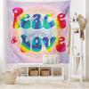 Ambesonne Groovy Tapestry King Size, Peace and Love Text in Tie Dye Effect Pattern Energetic Youthful Fun 60s 70s Hippie, Wall Hanging Bedspread Bed Cover Wall Decor, 104" X 88", Mauve Rainbow view 1