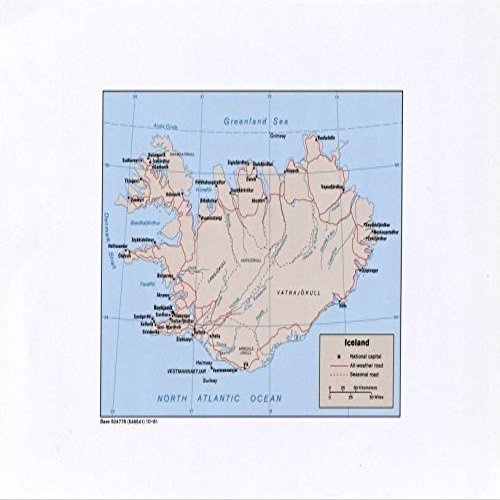 18" x 24" 1981 Map Of Iceland National Capital Seasonal Roads