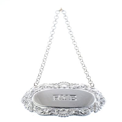 Corbell RYE Shell + Scroll Silver Plated Decanter Label