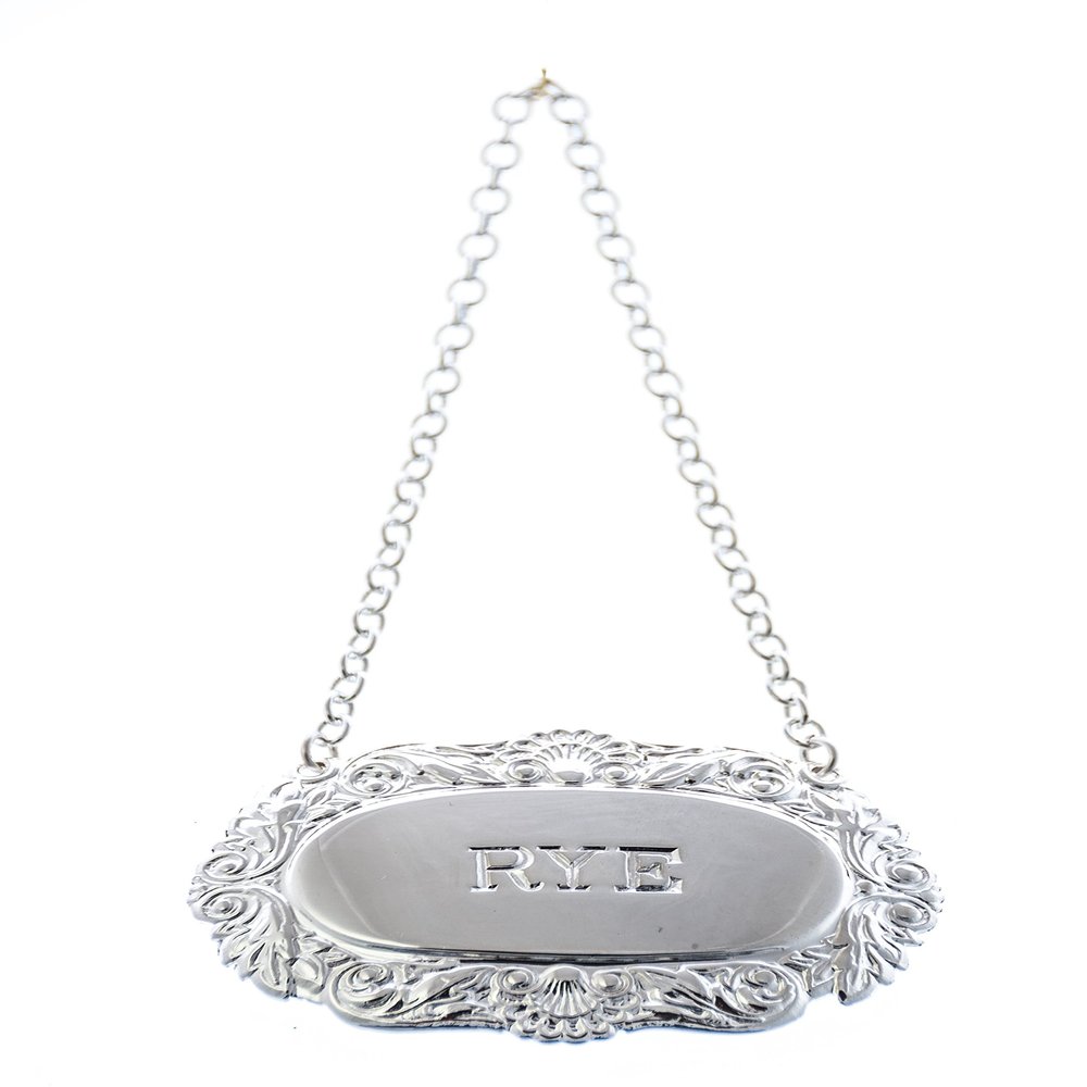 Corbell RYE Shell + Scroll Silver Plated Decanter Label