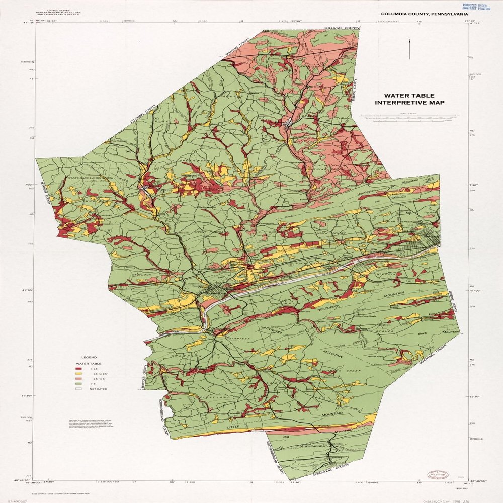 16" x 24" 1981 Map Of Columbia County Pennsylvania Water Table Interpretative