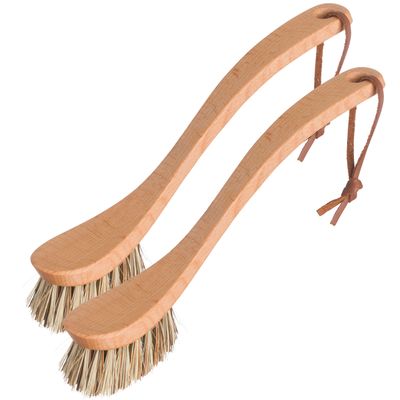 REDECKER Curved Dish Brush, Natural Union Plant Fiber Bristles, Ergonomic Design with Oiled Beechwood Handle, 9-1/4 Inches, Set of 2, Made in Germany - Natural Bristle Dish Brush