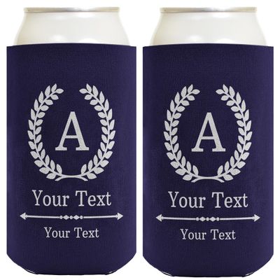 Personalized Coolie Initial Wreath Wedding Gift 2-pack Personalized Can Coolie Drink Coolers Navy