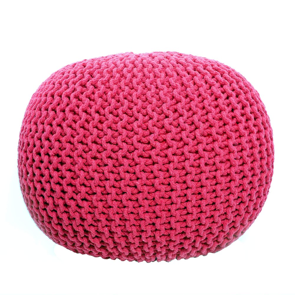 FRELISH DECOR Round Pouf Ottoman Hand Knitted 100% Cotton Pouf Foot Stool - Knitted Bean Bag - Floor Chair for Living Room - Bedroom Foot Rest for Couch (20 Diameter x 14 Height) - Dark Pink