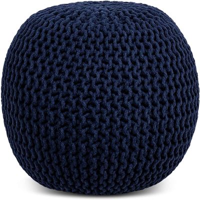 FRELISH DECOR Round Pouf Ottoman Hand Knitted 100% Cotton Pouf Foot Stool - Knitted Bean Bag - Floor Chair for Living Room Bedroom - Foot Rest for Couch (20 Diameter x 14 Height) - Navy