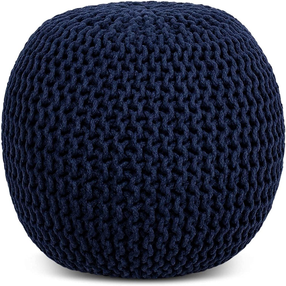 FRELISH DECOR Round Pouf Ottoman Hand Knitted 100% Cotton Pouf Foot Stool - Knitted Bean Bag - Floor Chair for Living Room Bedroom - Foot Rest for Couch (20 Diameter x 14 Height) - Navy