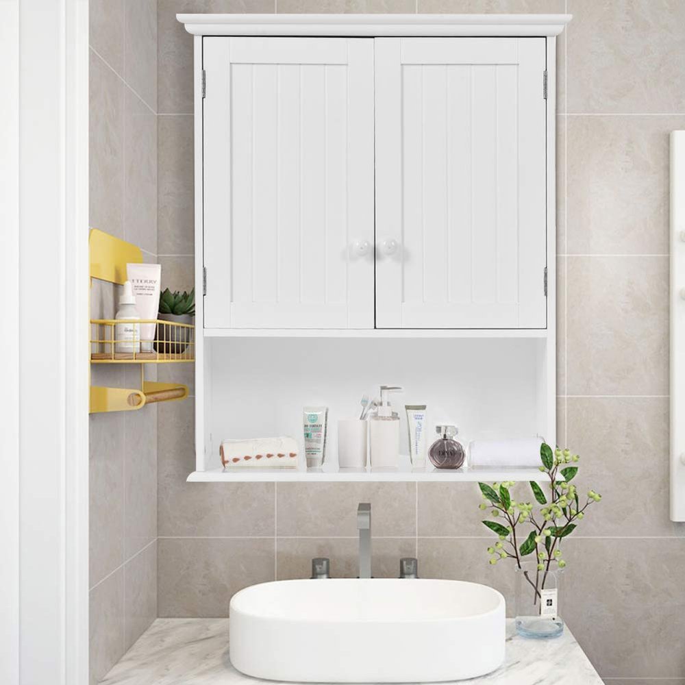 GentleShower Bathroom Wall Cabinet Wood Medicine Cabinet Multipurpose Home Kitchen Medicine Storage Organizer with 2-Doors and 1 Storage Shelf, White