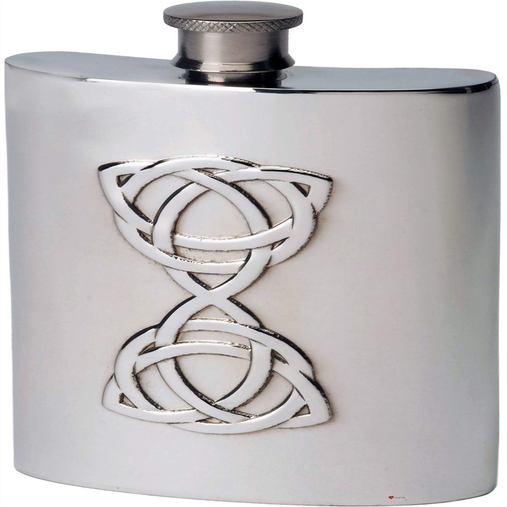 6oz Pewter Hip Flask With Double Celtic Triangle Embossed Design