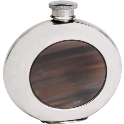 6oz Round Pewter Flask With Real Horn Insert