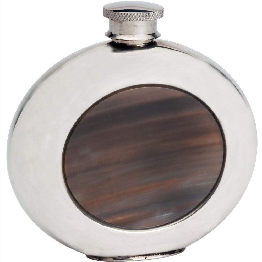 6oz Round Pewter Flask With Real Horn Insert