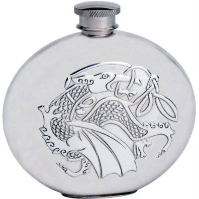 6oz Round Pewter Flask With Embossed Kells Dragon Design