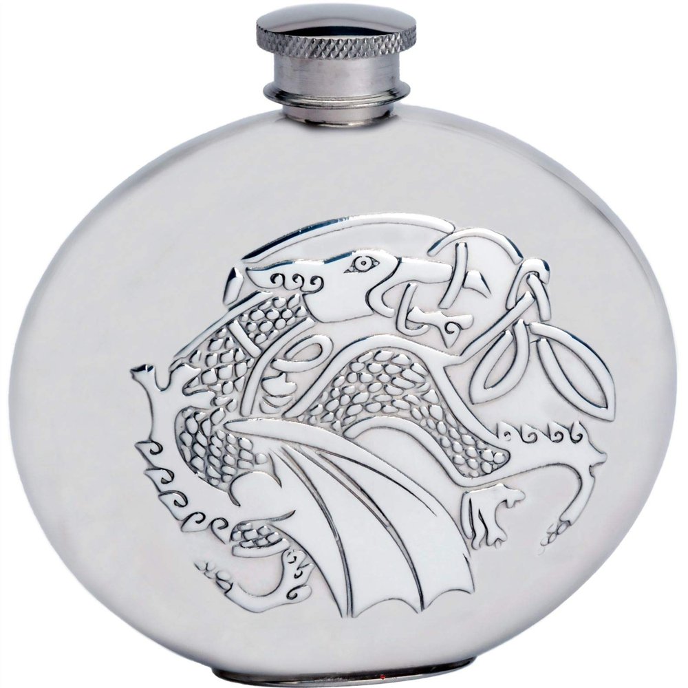 6oz Round Pewter Flask With Embossed Kells Dragon Design