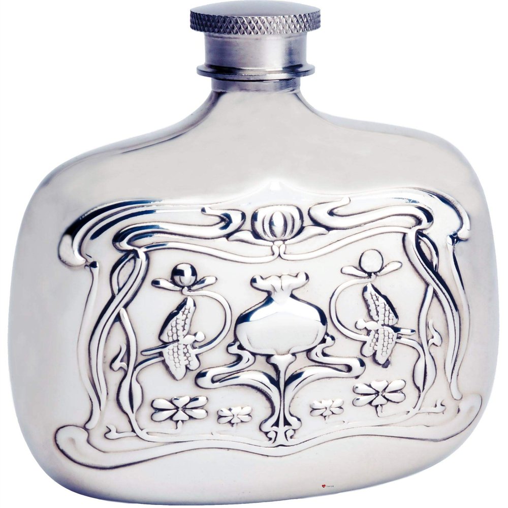4oz Pewter Bottle Hip Flask With Embossed Nouveau Design Art