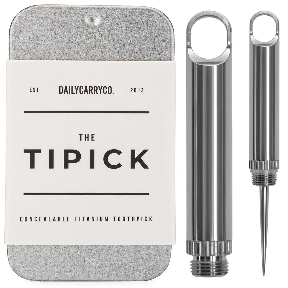 DAILYCARRYCO. TiPick Titanium Toothpick Holder - Portable Metal Travel Toothpick - Reusable EDC Micro Toothpick - Compact & Convenient, On-the-Go - Polished Titanium Construction