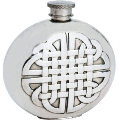 6oz Round Pewter Hip Flask With Embossed Celtic Knot Design