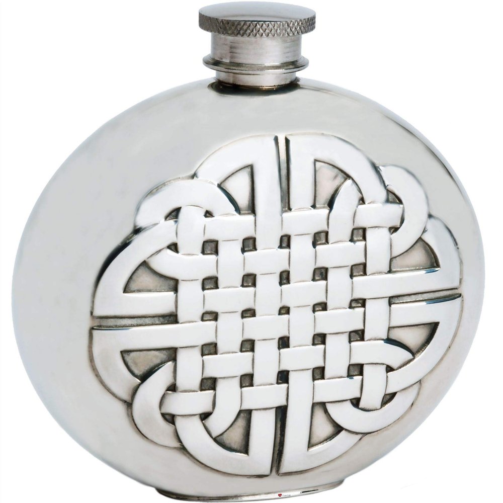 6oz Round Pewter Hip Flask With Embossed Celtic Knot Design