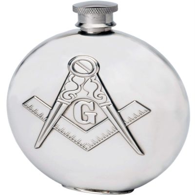 6oz Round pewter Hip Flask With Embossed Masonic Design