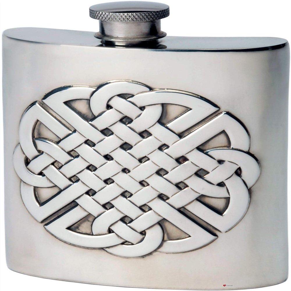 6oz Pewter Hip Flask With Embossed Celtic Knot Design Kidney Flask