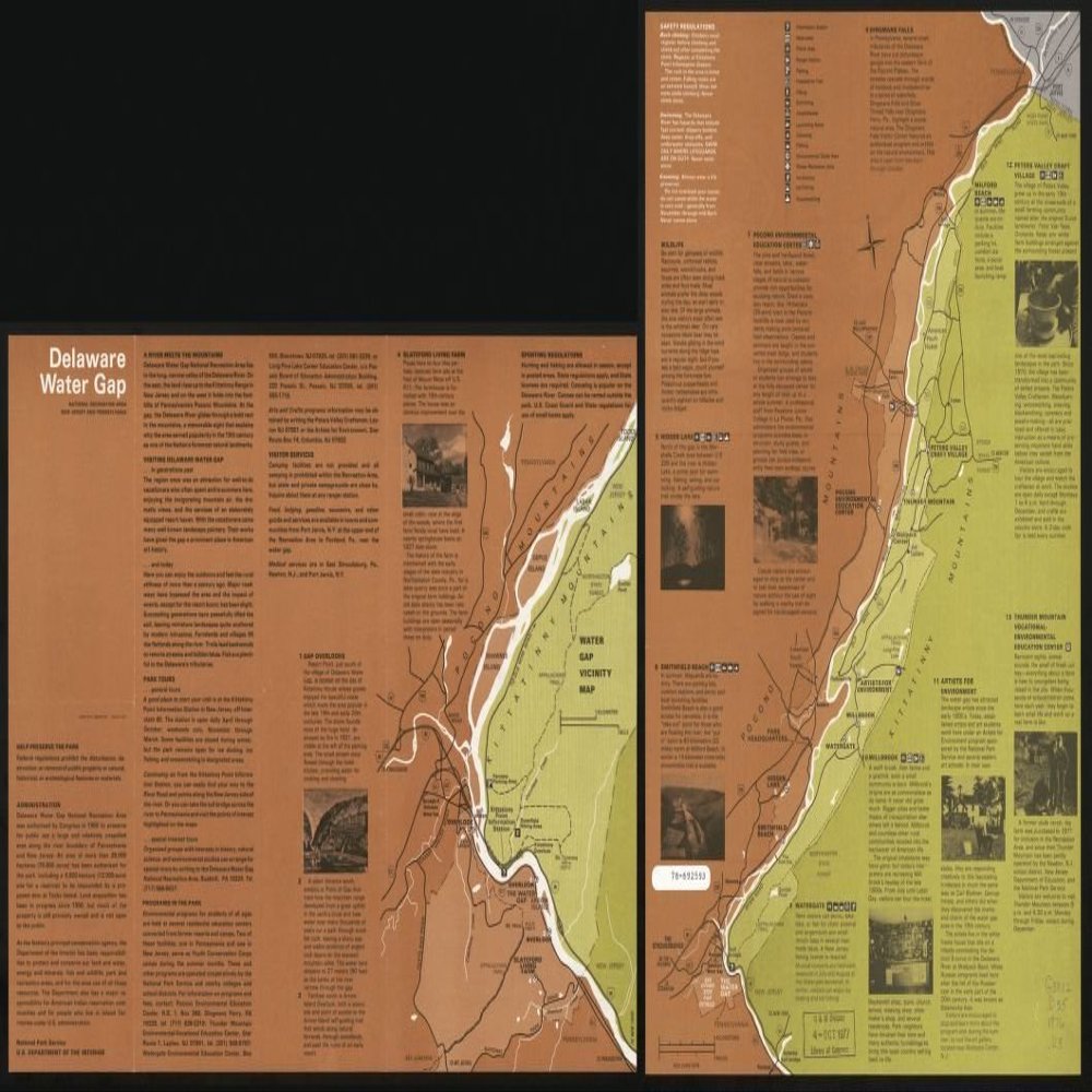 14" x 24" 1977 Map Of Delaware Water Gap National Recreation Area New Jersey & Pennsylvania