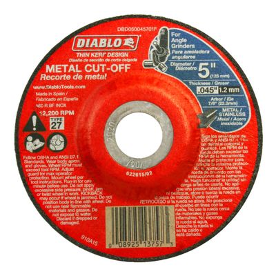 Diablo Type 27 Metal Cut-Off Disc - Superior Performance - 5" Diameter, 7/8" Arbor, 27 Hub Type, 0.045" Thickness, 12200 Max RPM - DBD050045701F