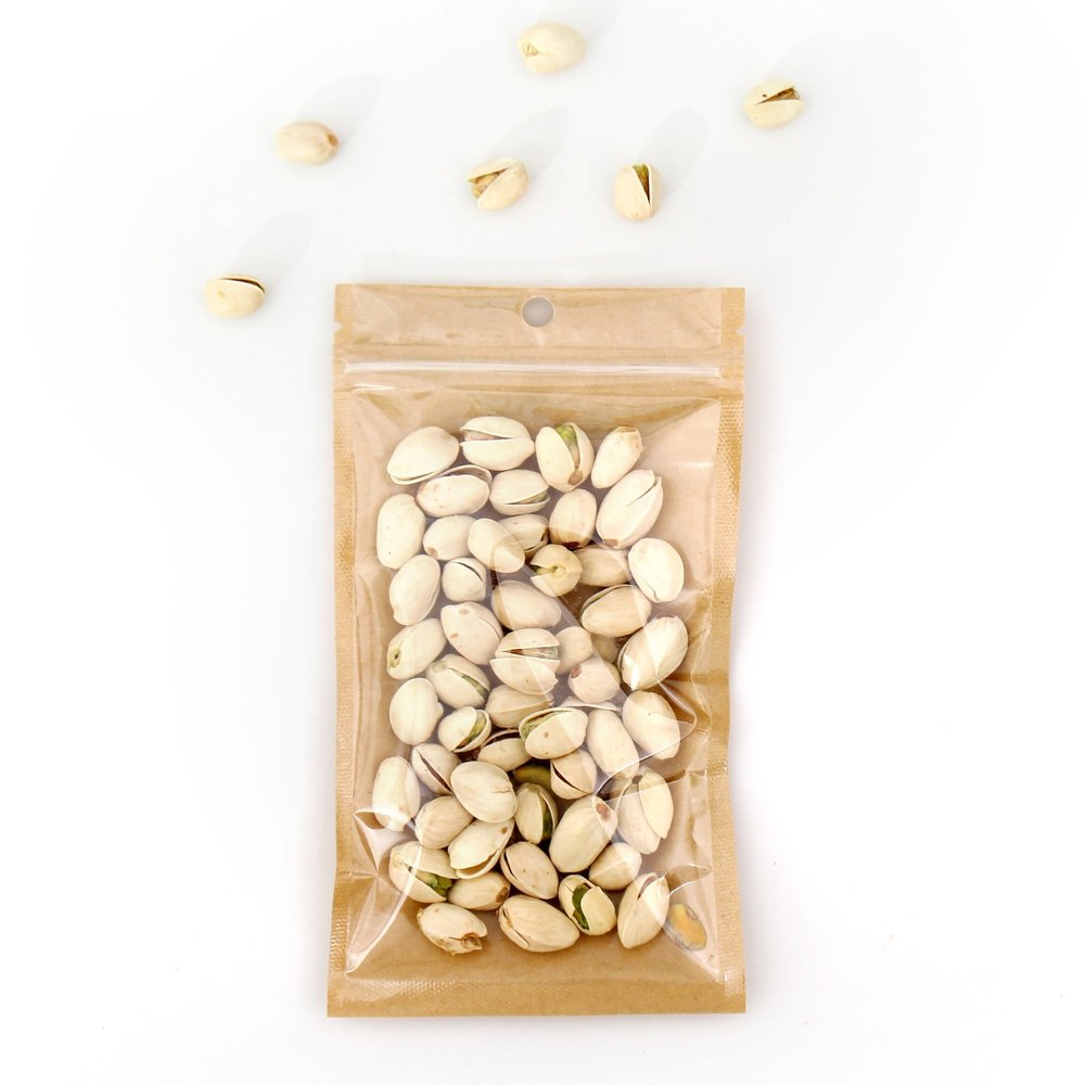 100 Bags/Pack Clear Front Kraft Paper Back with Round Hang-hole Food Safe Resealable Packagaing Bags (7.9" x 11.8", Clear/Kraft)
