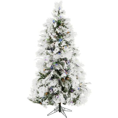 Christmas Time 6.5-Ft. Prelit Frosted Fir Snowy Artificial Christmas Tree with Dual Multi-Color & Warm White LED String Lights, Realistic PVC, Holiday Decor for Home and Office