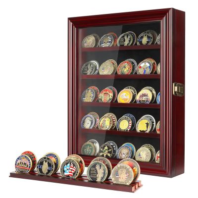 ASmileIndeep Military Challenge Coin Display Case Holder with HD Toughened Glass and Wall Mount, Wooden Coin Stand Rack with Removable 2 Grooves Shelves, Mahogany Finish