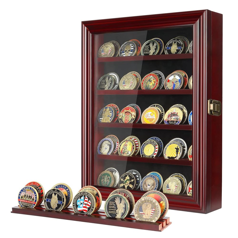 ASmileIndeep Military Challenge Coin Display Case Holder with HD Toughened Glass and Wall Mount, Wooden Coin Stand Rack with Removable 2 Grooves Shelves, Mahogany Finish