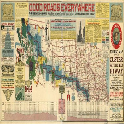 10" x 24" 1925 Map Of The Custer Battlefield Hiway The Scenic Route To The West.
