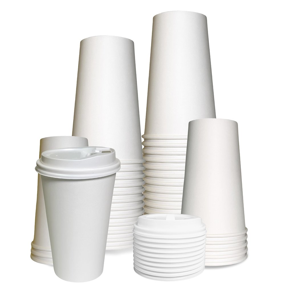 EcoQuality 16 oz White Hot Drink Paper Cups with White Dome Lids - 100 Count - Disposable Paper Coffee Cups perfect for Tea, Latte's, Coffee Shops, Restaurant Grade