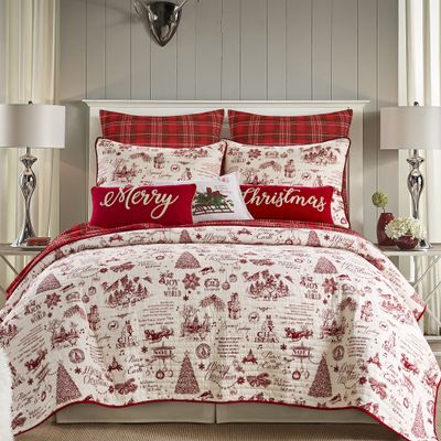Levtex Home - Yuletide Quilt Set - King/Cal King Quilt (106x92in.) + Two King Pillow Shams (36x20in.) - Christmas Holiday Script - Red and Cream - Reversible - Cotton