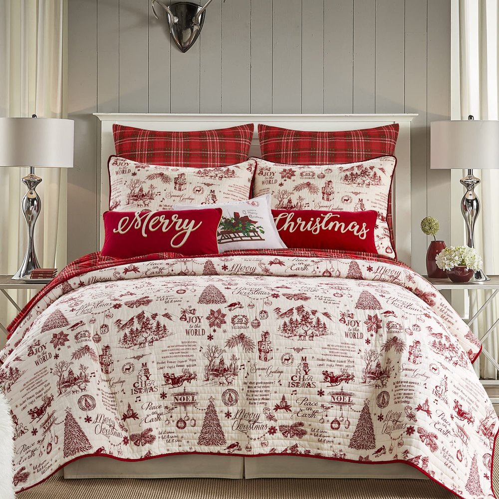 Levtex Home - Yuletide Quilt Set - King/Cal King Quilt (106x92in.) + Two King Pillow Shams (36x20in.) - Christmas Holiday Script - Red and Cream - Reversible - Cotton