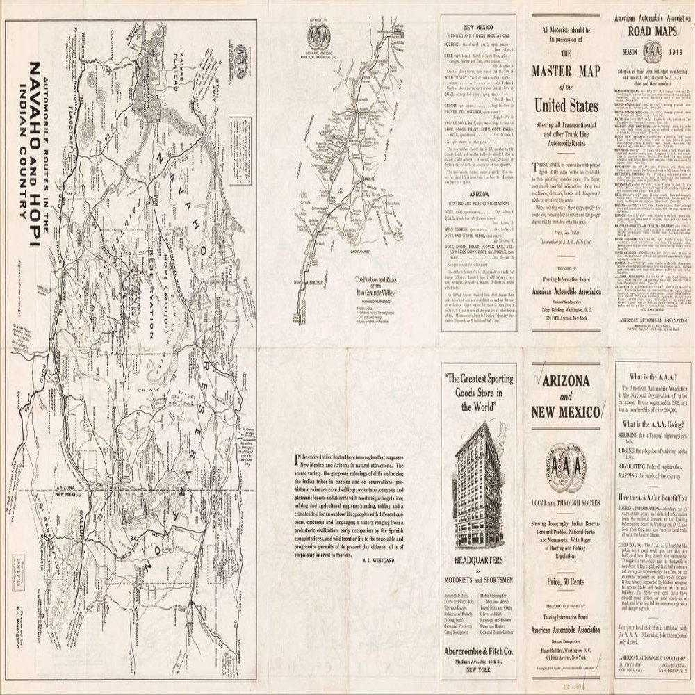 14" x 24" 1919 Map Of Arizona & New Mexico United States
