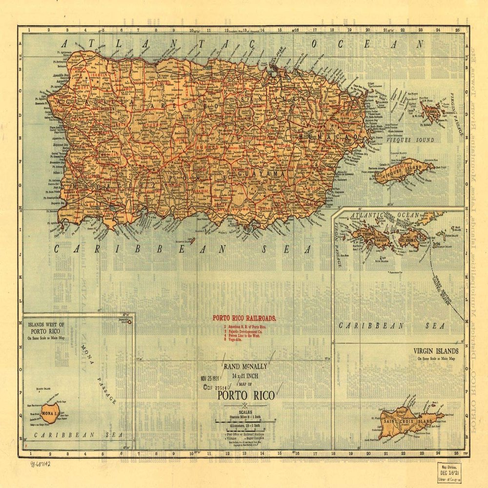 16" x 24" 1921 Map Of Puerto Rico Rand McNally