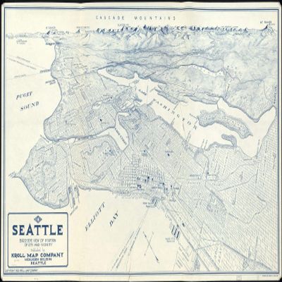 14" x 24" 1925 Map of Seattle Birdseye View of Portion of City & Vicinity