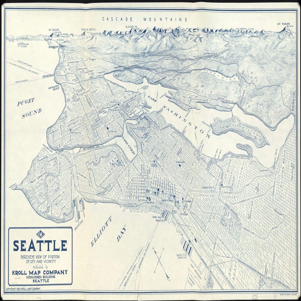 14" x 24" 1925 Map of Seattle Birdseye View of Portion of City & Vicinity