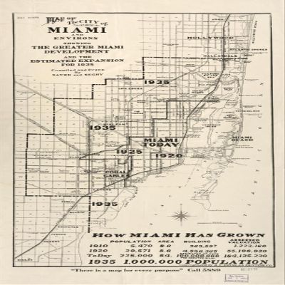 14" x 24" 1925 Map Of The City Of Miami & Environs Showing The Greater Miami Development And The Estimated Expansion For 1935